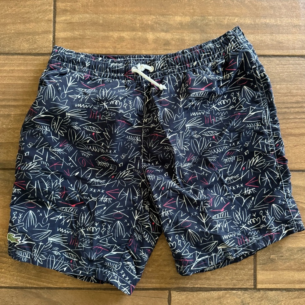 Lacoste Navy Swim Trunks with White & Pink Sketch Print